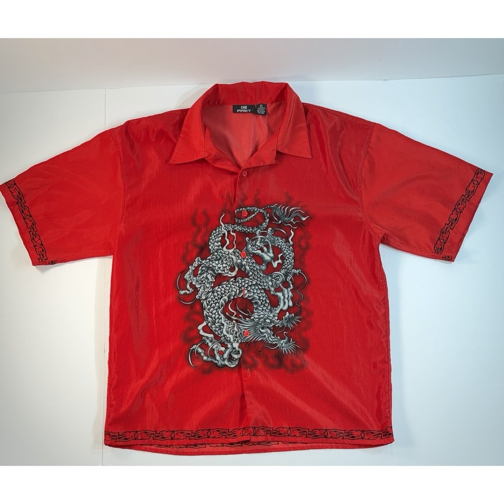 Dragon Button Up Shirt Mens XL Red Y2K Streetwear Graphic Club